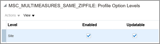Profile Option Levels for Profile Option Code Named MSC_MULTIMEASURES_SAME_ZIPFILE