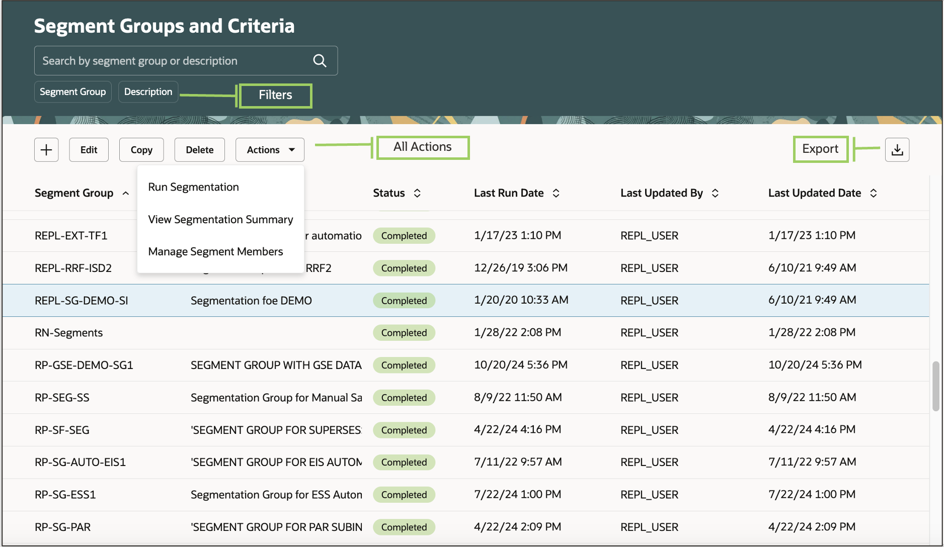 Segment Groups and Criteria Page