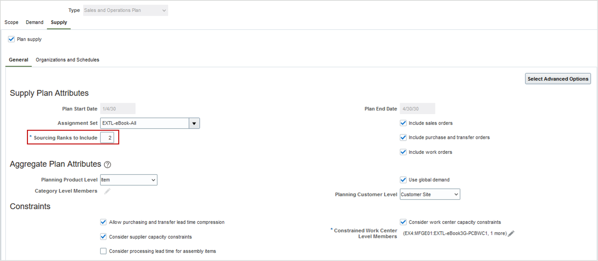 General Subtab on Supply Tab on Plan Options Page for Sales and Operations Plan