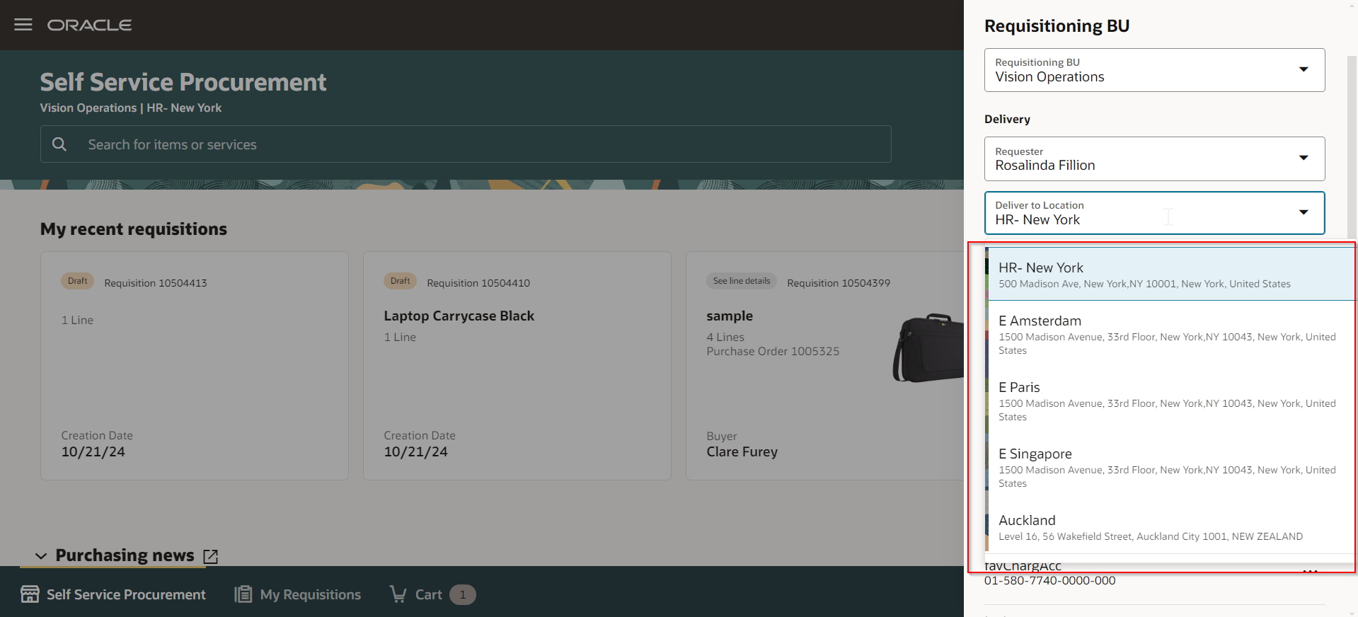 Displaying recently used Deliver-to Locations