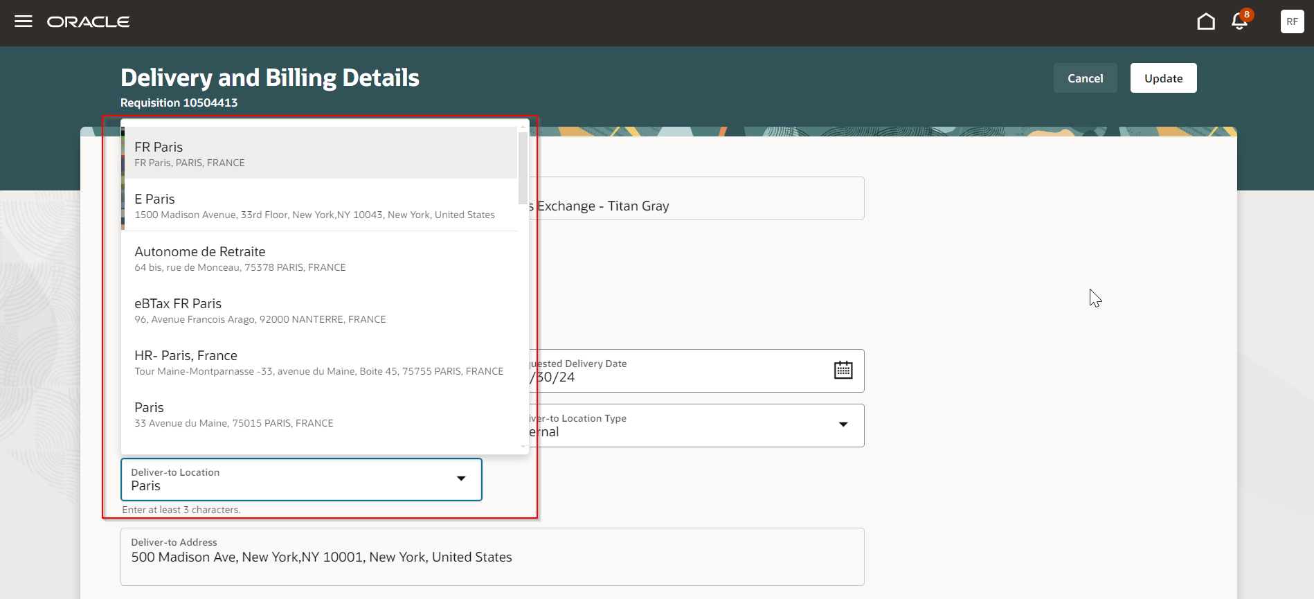 Recently used suggestions on Edit Delivery and Billing Details page