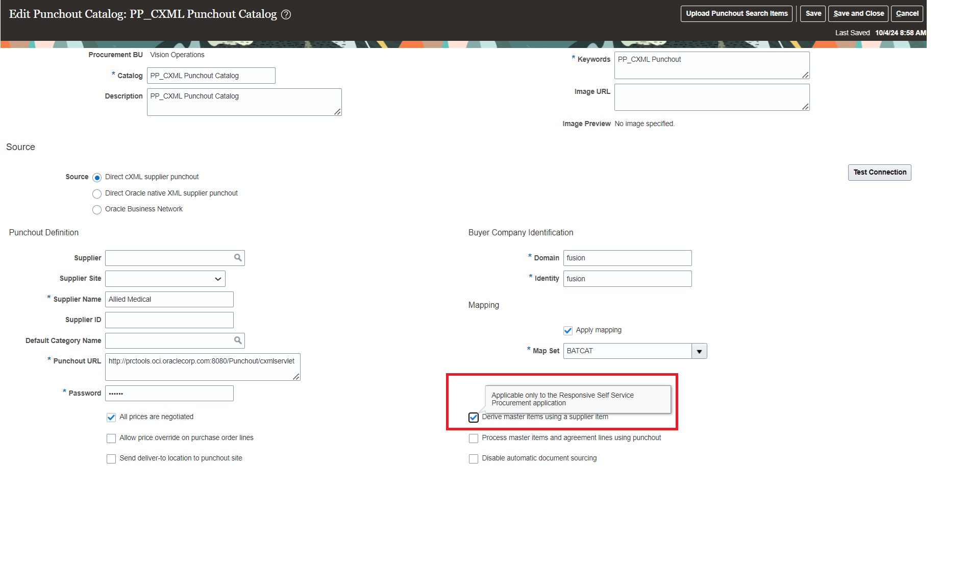 Derive master item using a supplier item option in the punchout definition
