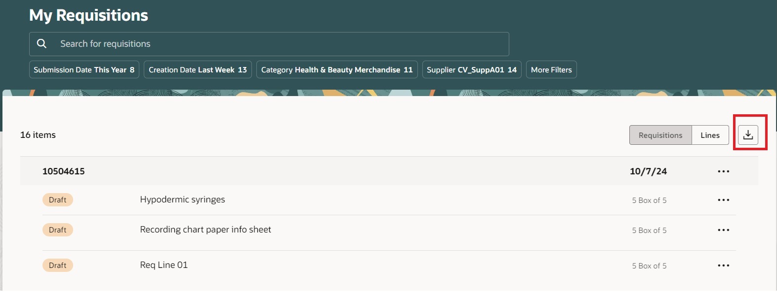 Export to excel of My Requisitions search results