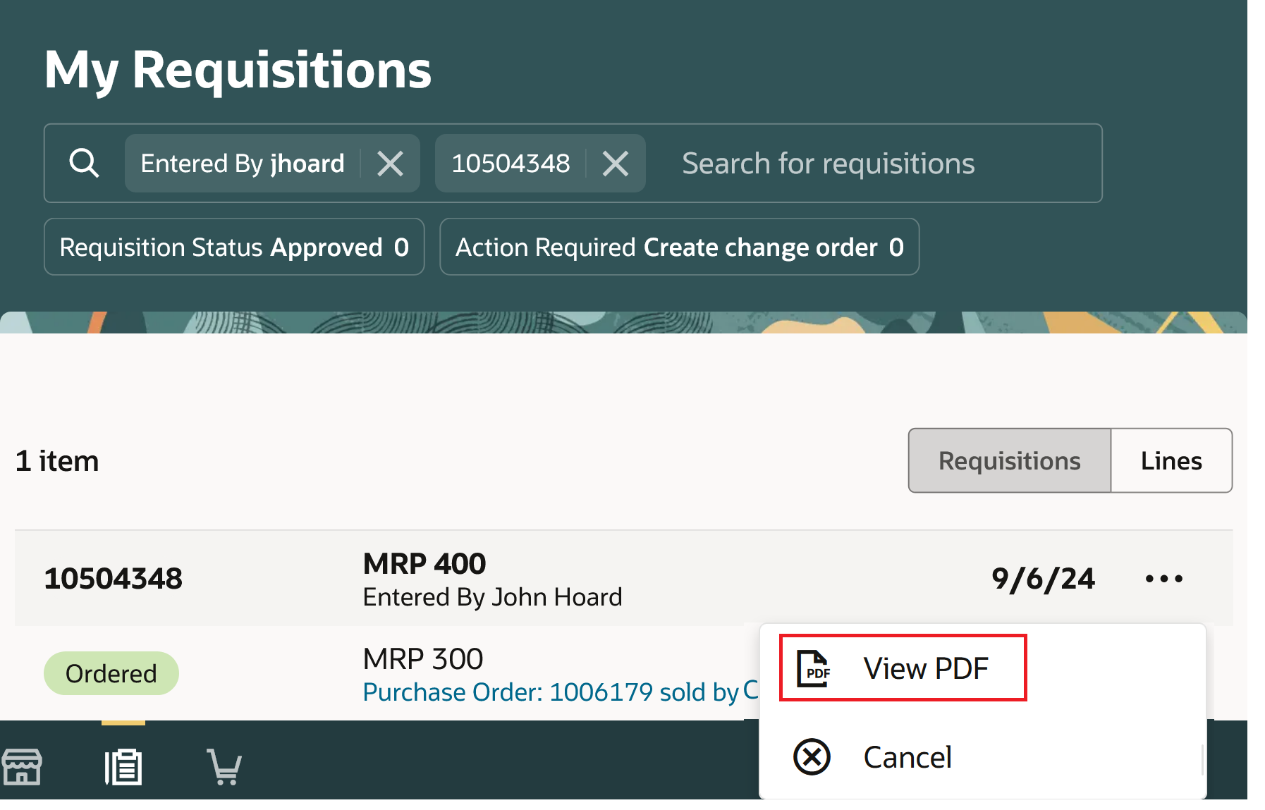 View PDF Action on the My Requisitions Page