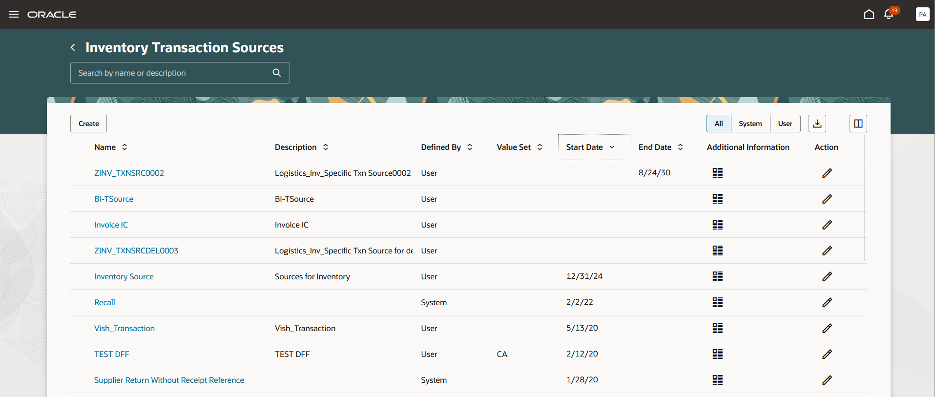  Inventory Transaction Sources Landing Page