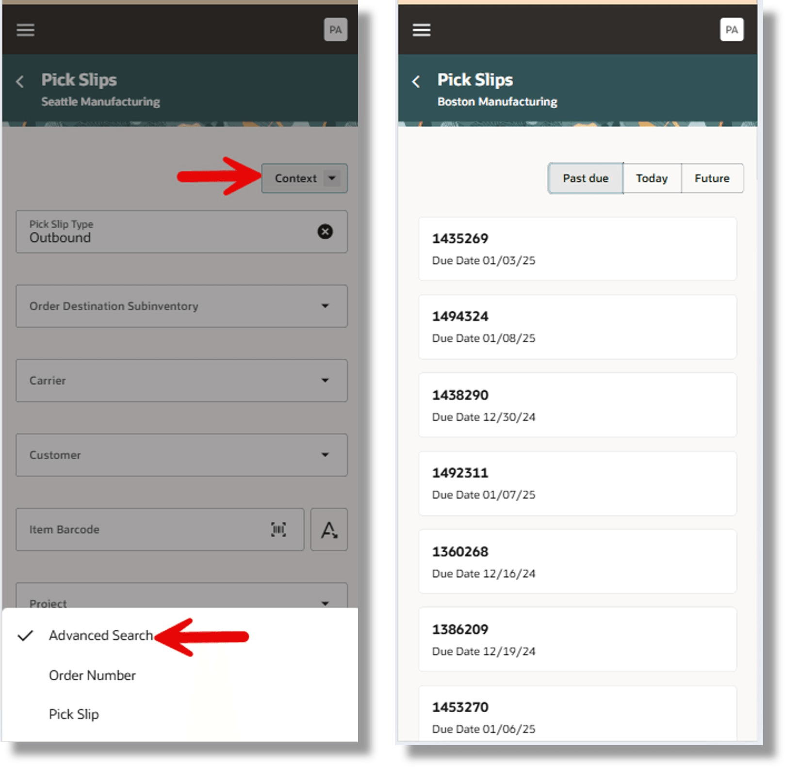 Pick Slip Advanced Search