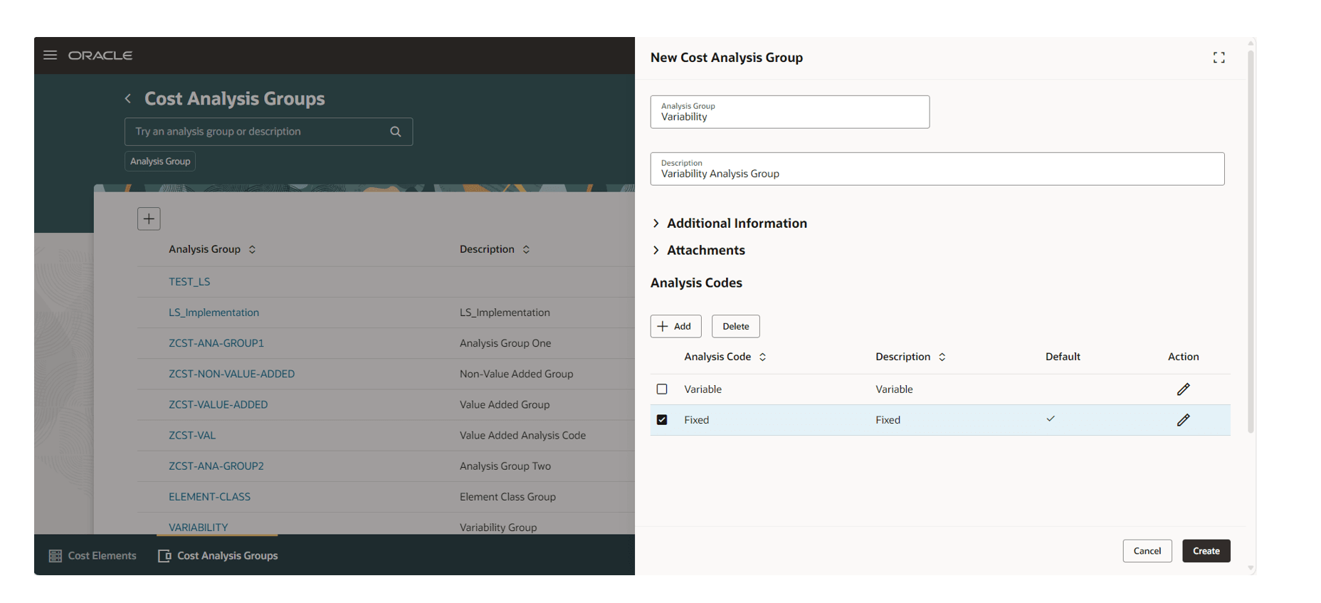 Create Cost Analysis Group page