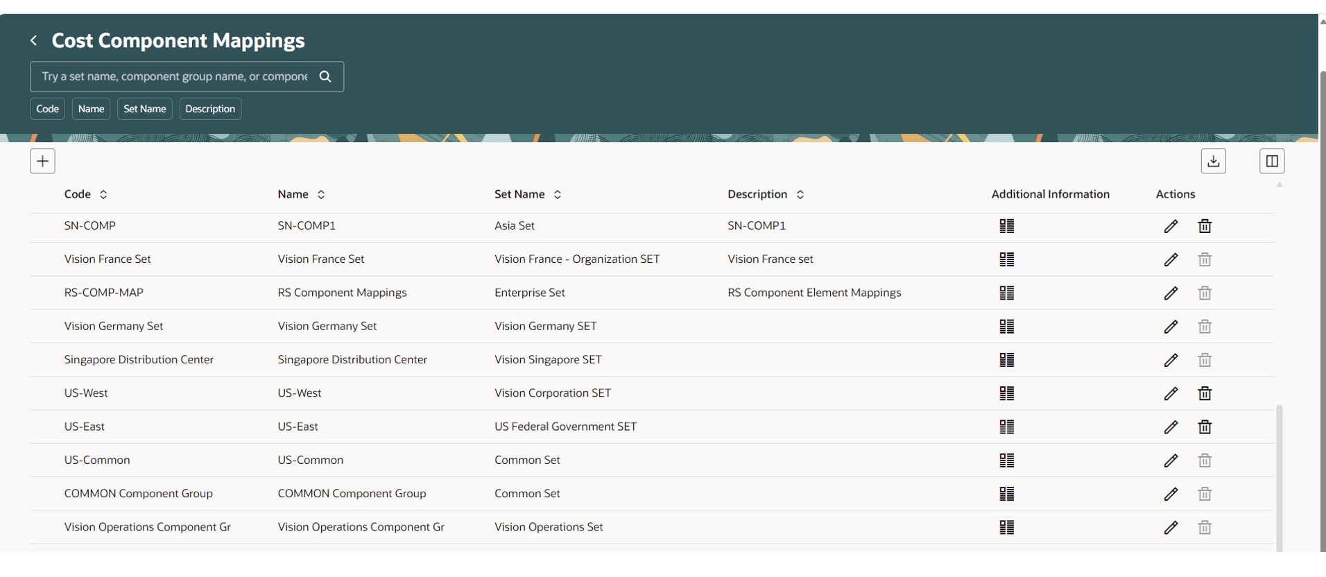 Cost Component Mappings page