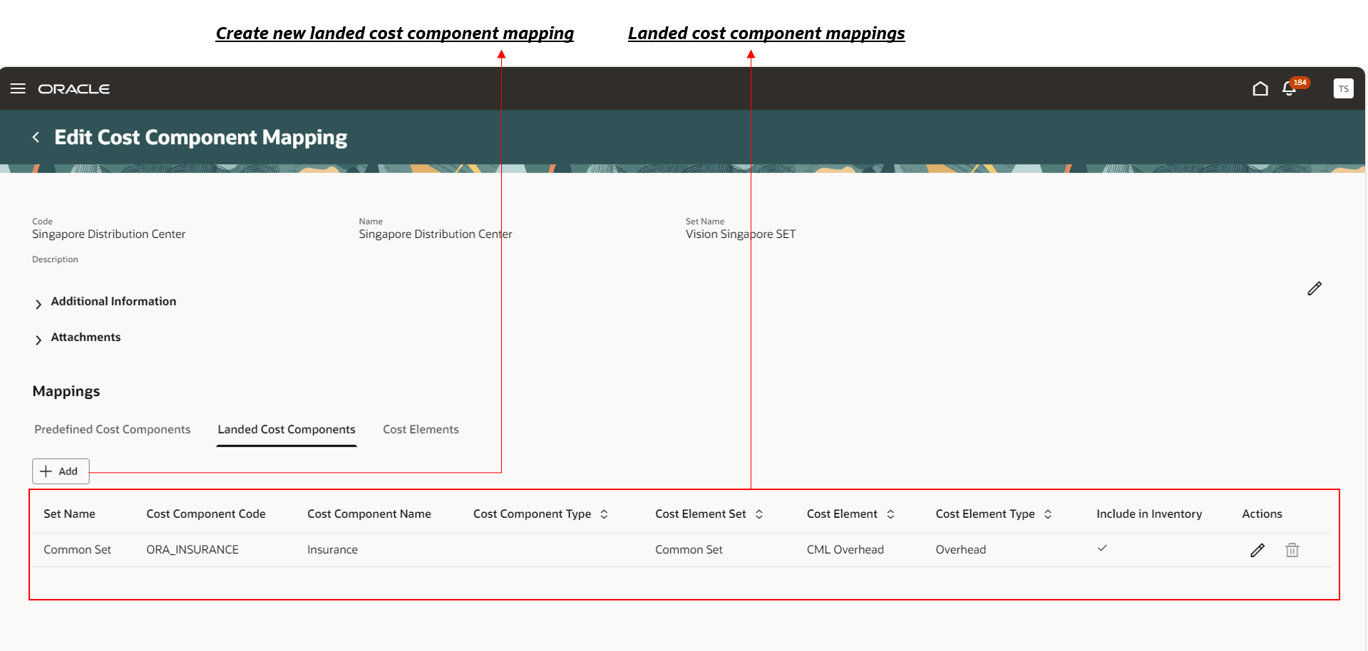 Cost Component Mappings page - Landed Cost Component Mappings