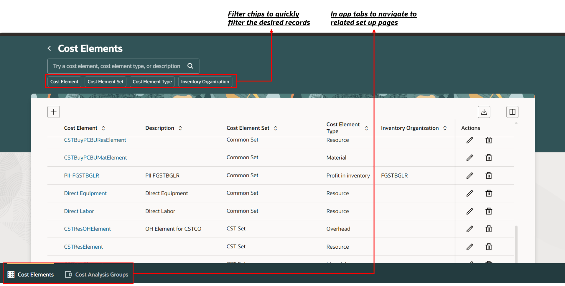 Cost Elements page