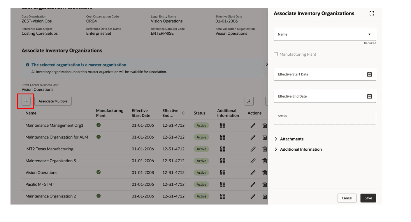 Figure 5: Associate an inventory organization to a cost organization 