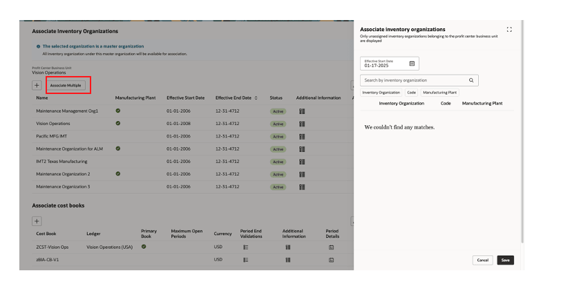 Figure 6: Associate many inventory organizations to a cost organization 