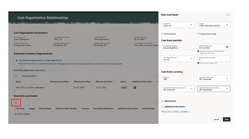Figure 7: Associate a cost book to a cost organization 