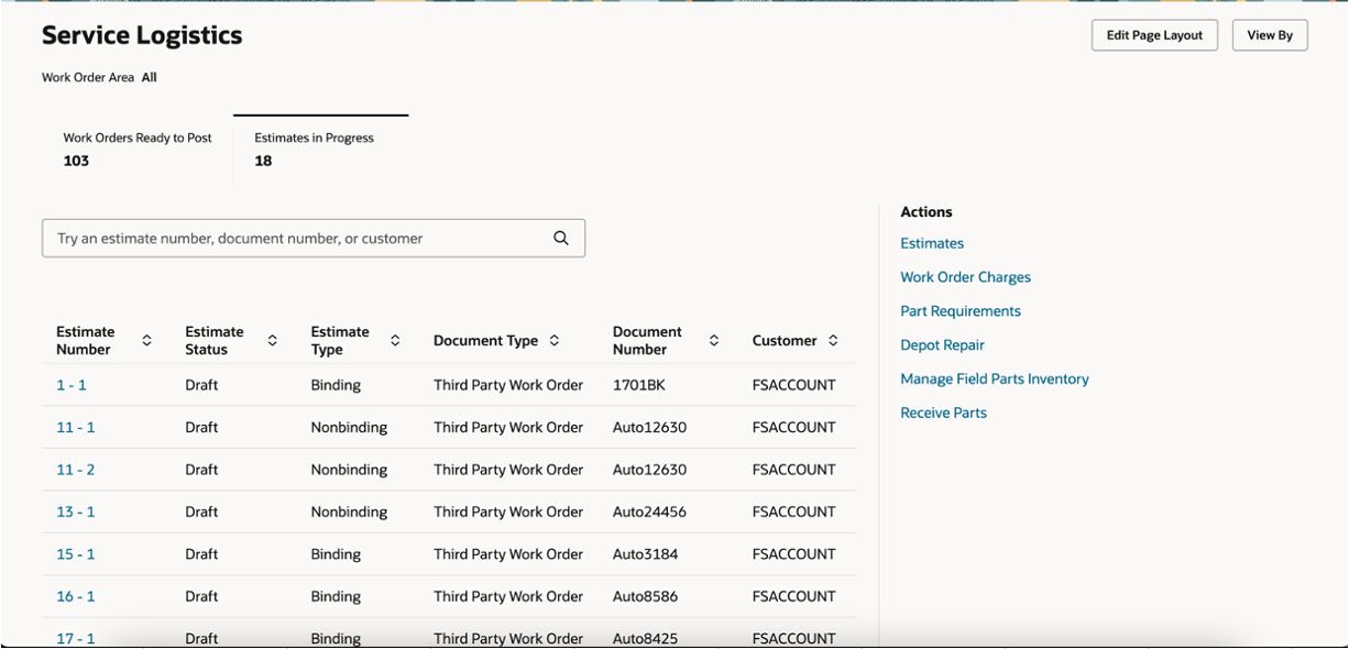 Service Logistics Landing Page - Estimates in Progress KPI