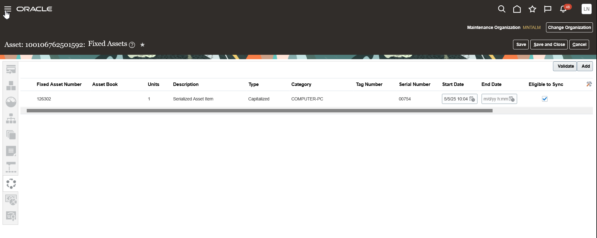Fixed Asset Tab with a Fixed Asset that's Eligible for Sync