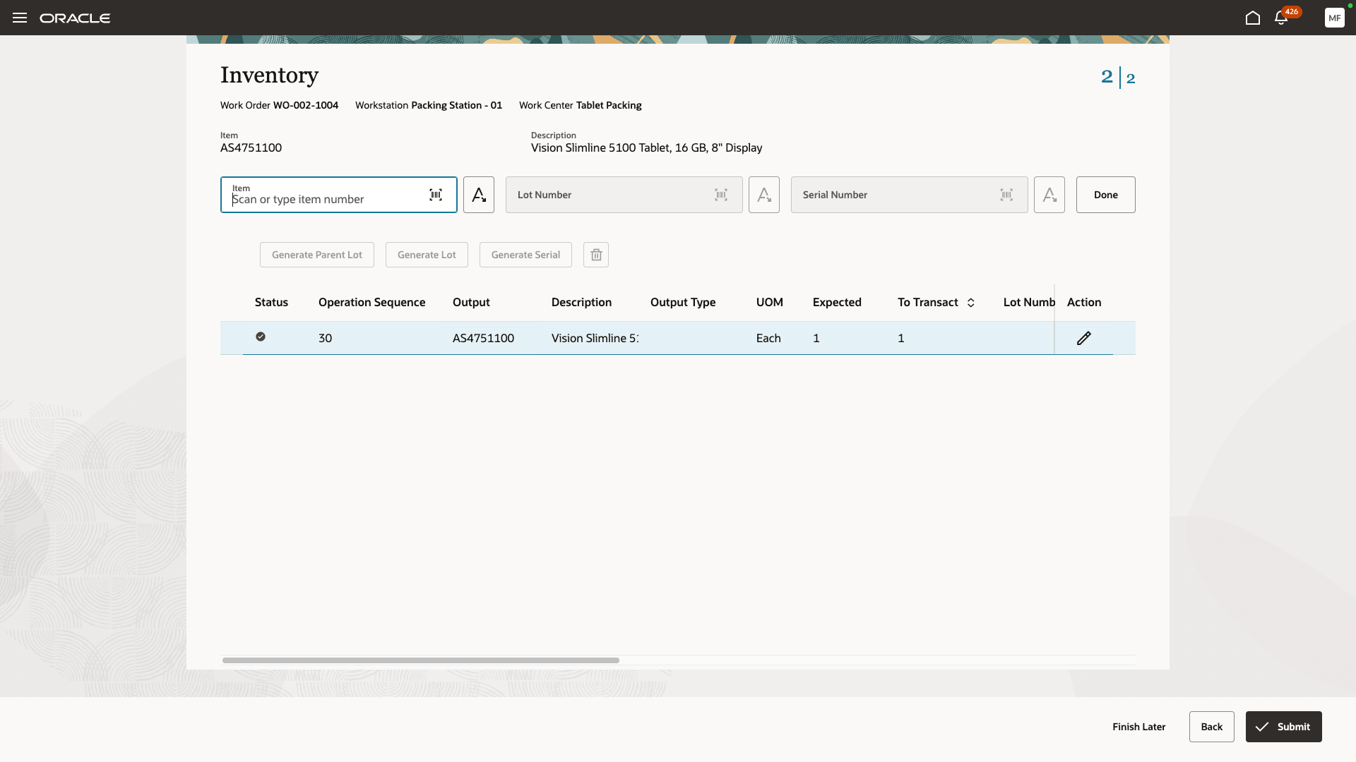 Complete to inventory during execution at a workstation