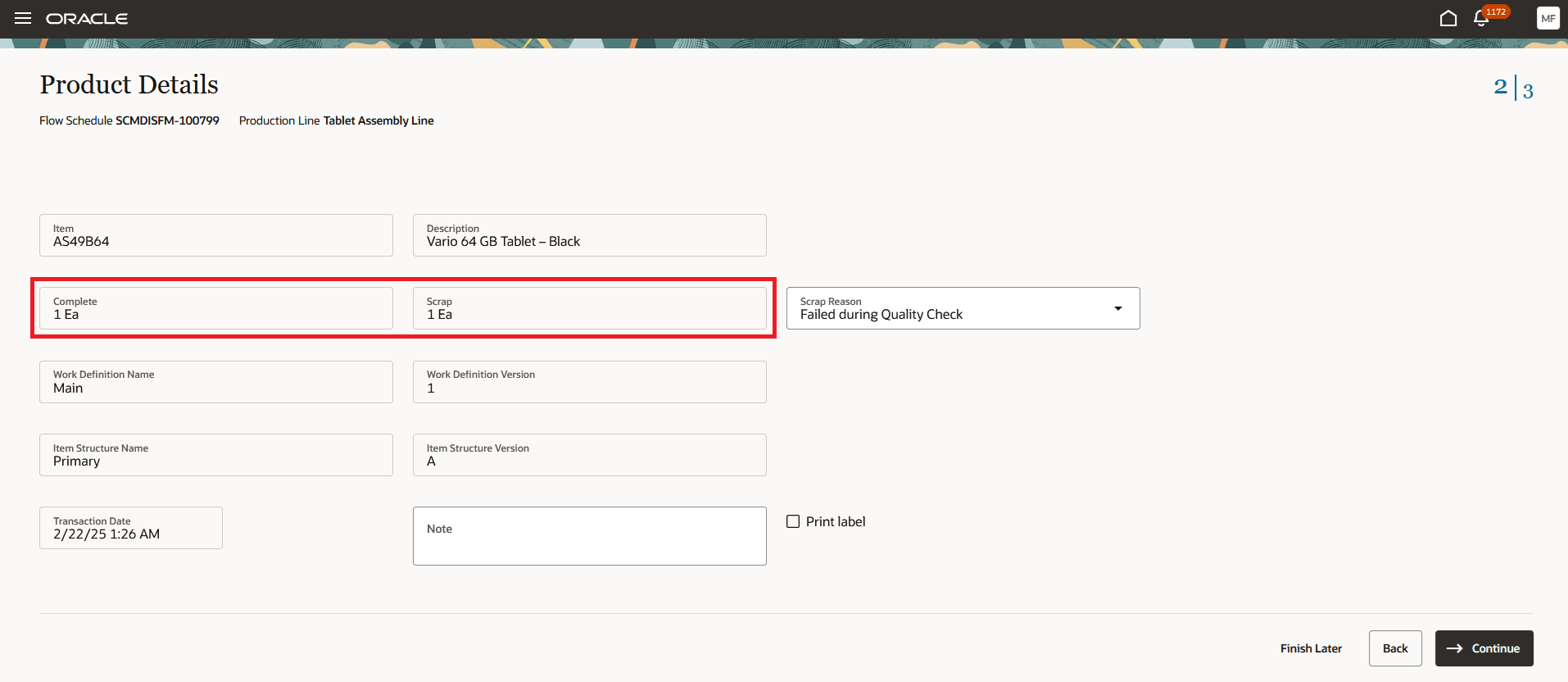Automatic Disposition of Flow Schedule Quantity as Completed or Scrapped