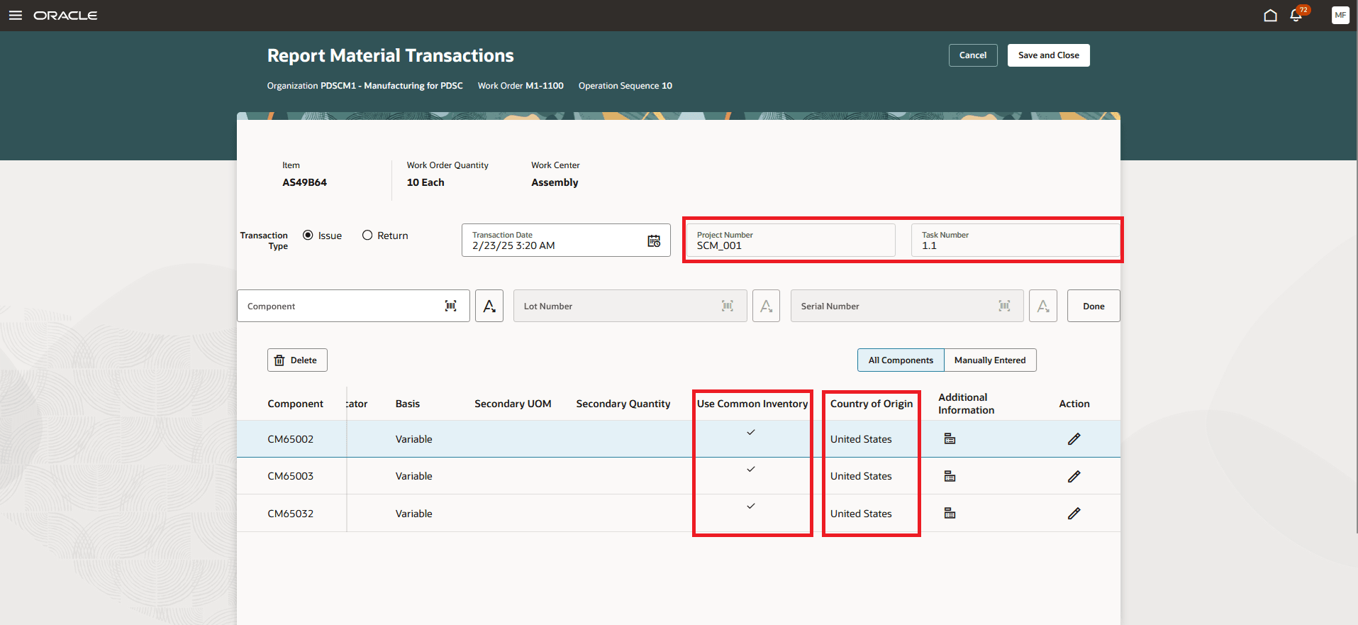 Report Material Transactions with Project, Task, and Country of Origin