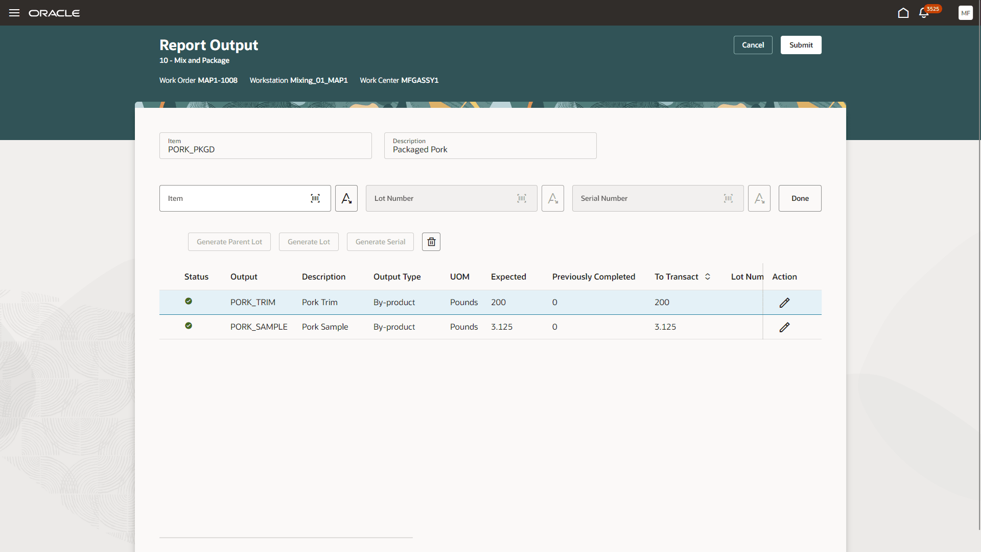 Report output for a process manufacturing work order