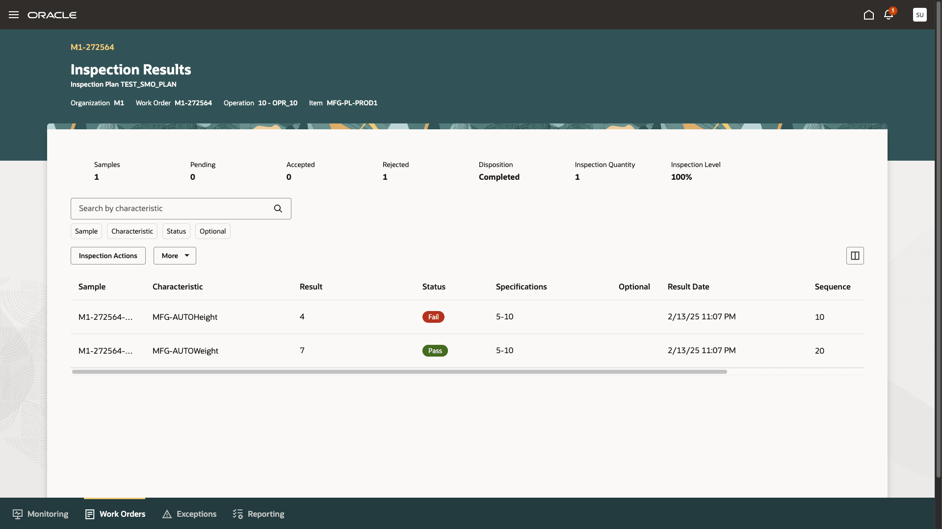 Send equipment sensor data as quality inspection characteristics results