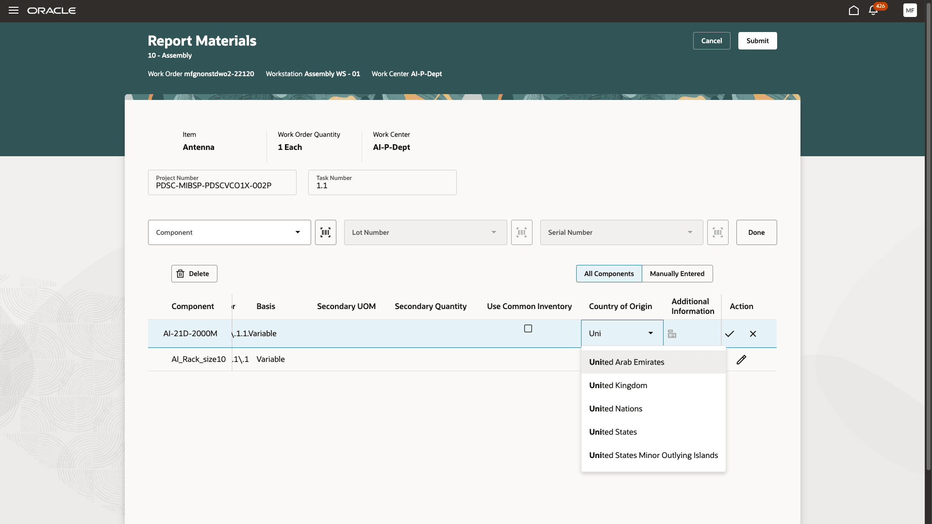 Report materials against project, task, and country of origin 