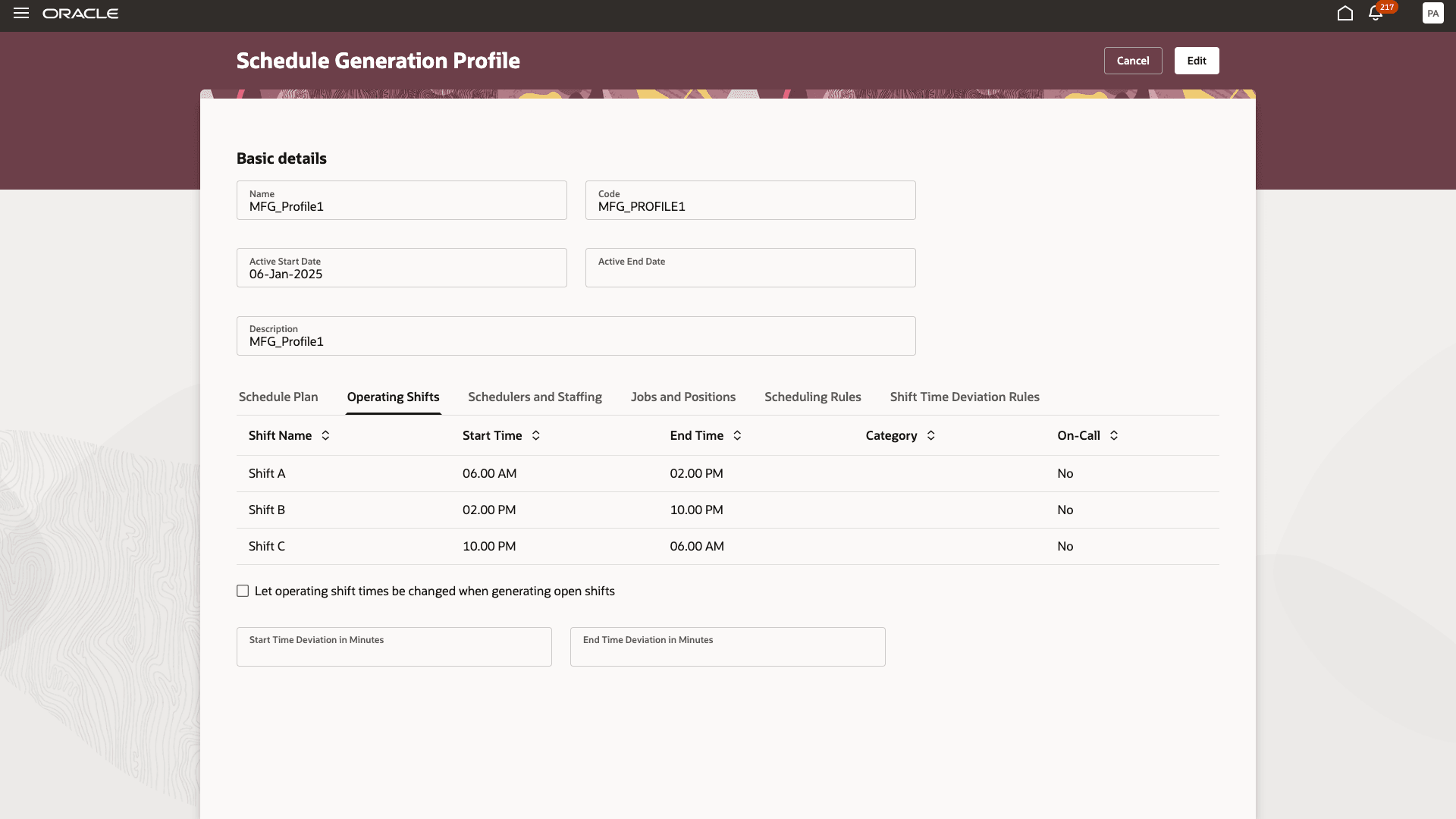 Schedule Generation Profile Creation