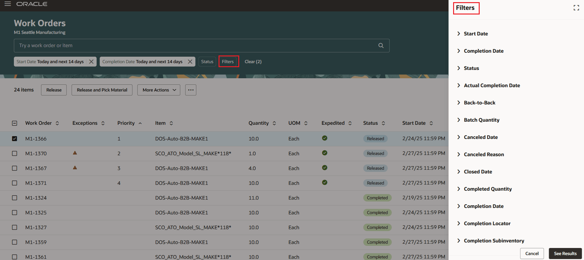 Manage Work Orders - Additonal Search Filters