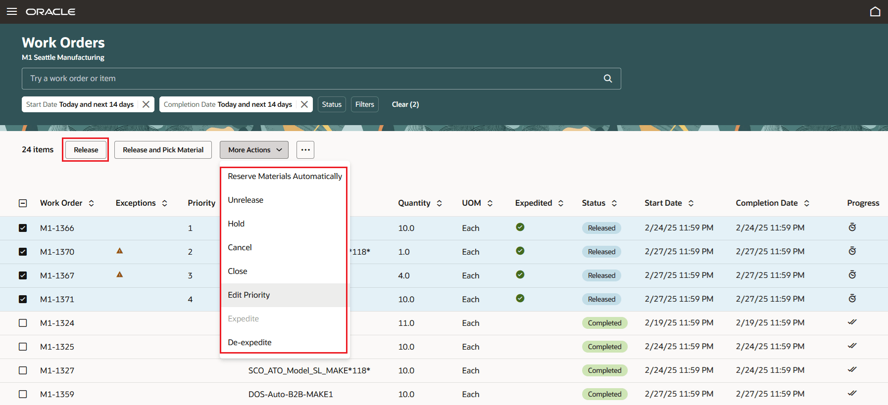 Manage Work Orders - Mass Actions