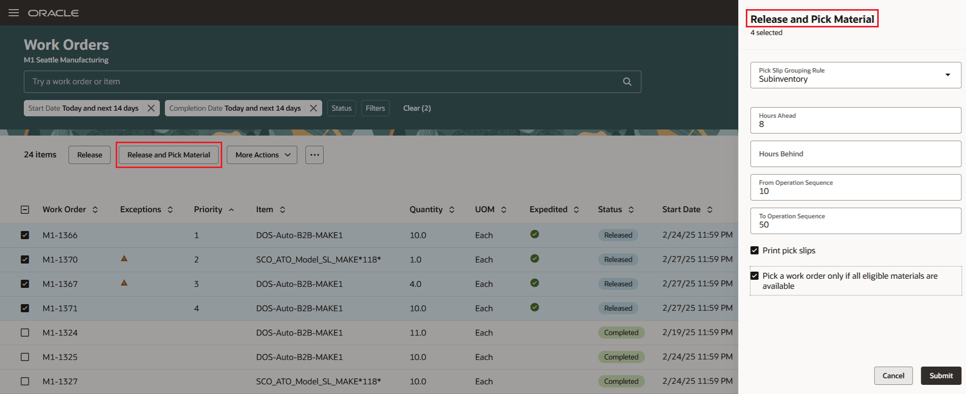 Manage Work Orders - Release and Pick Materials