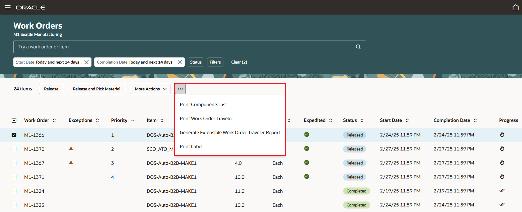 Manage Work Orders - Print Actions