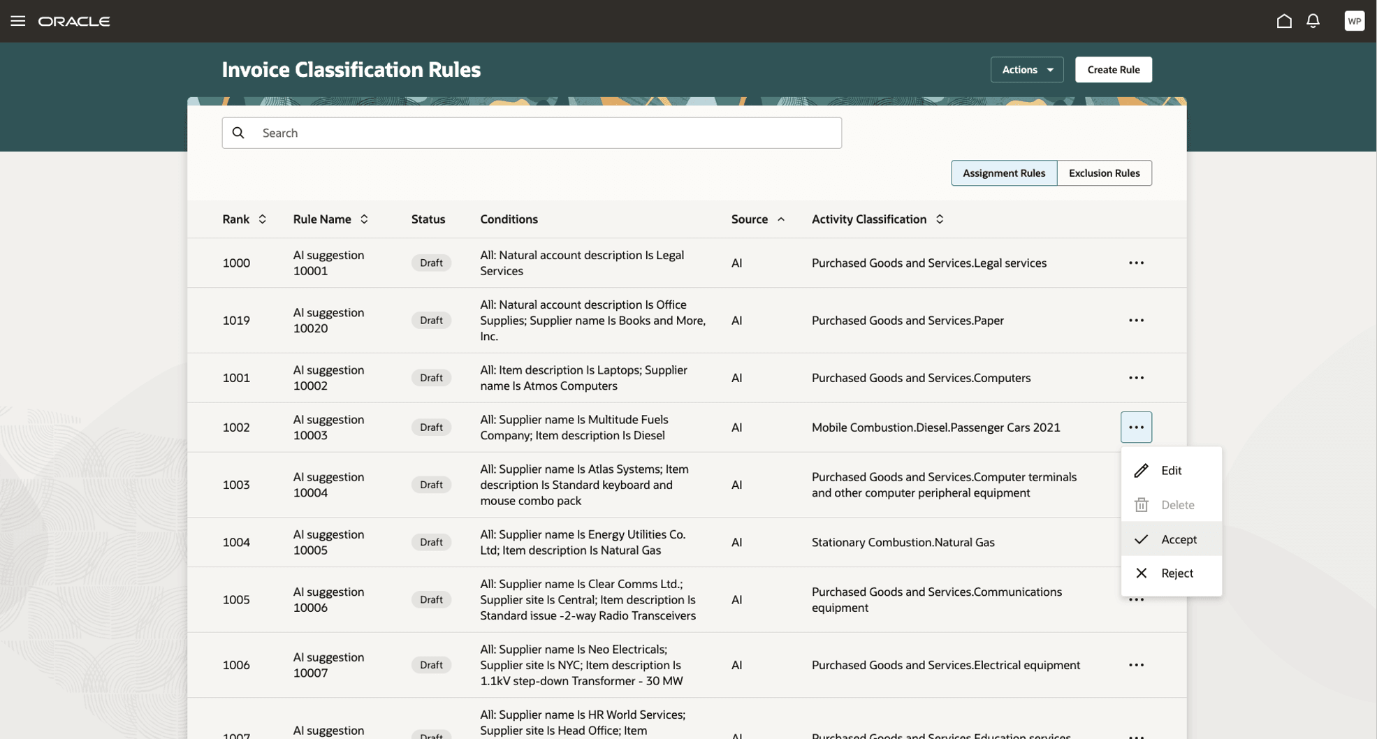 Invoice Classification Rules page showing AI-suggested rules and possible actions