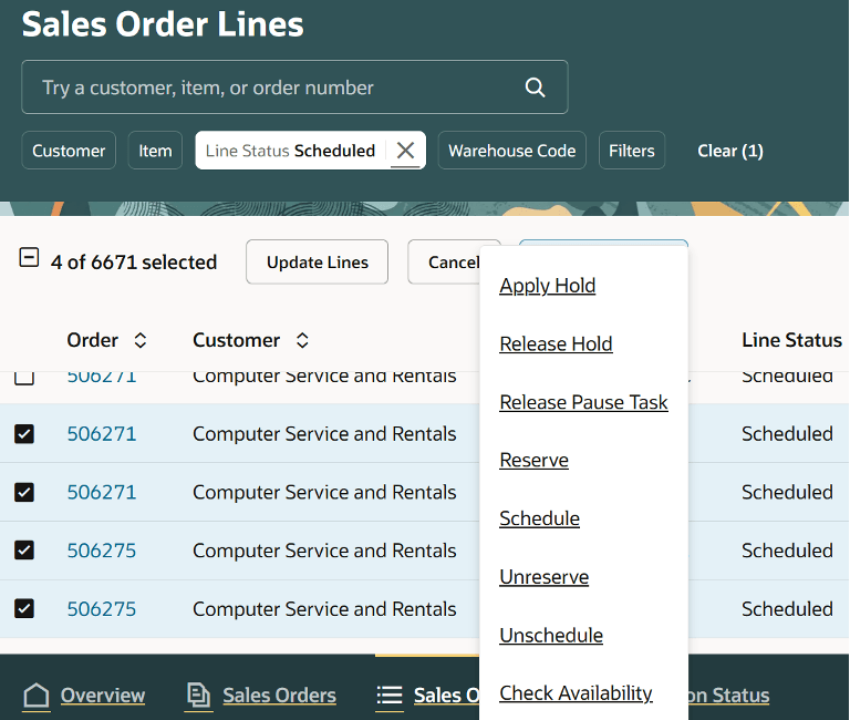 Select multiple lines to perform check availability