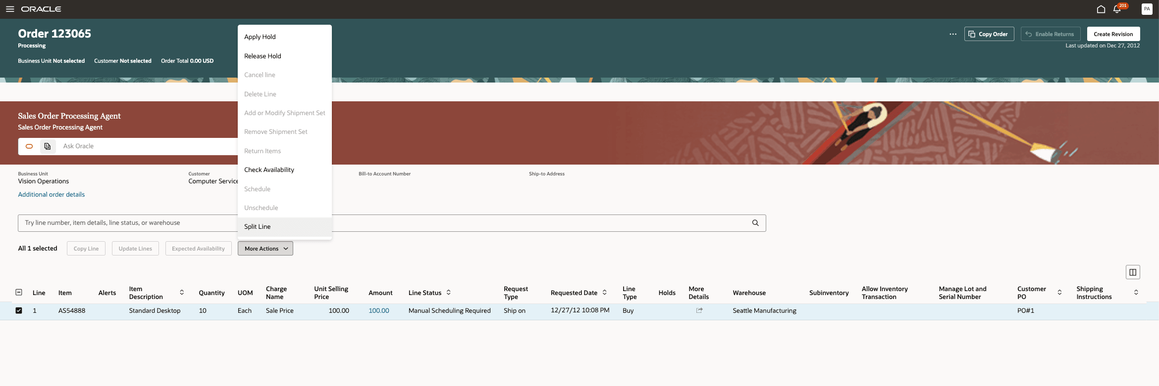 Split line in the View Order screen
