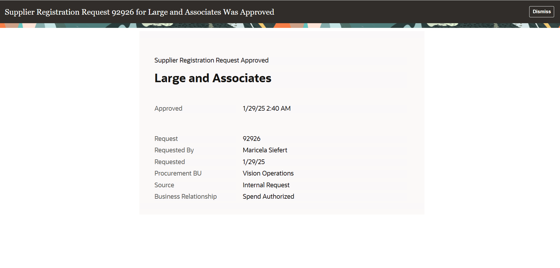Internal Supplier Registration Approved Notification