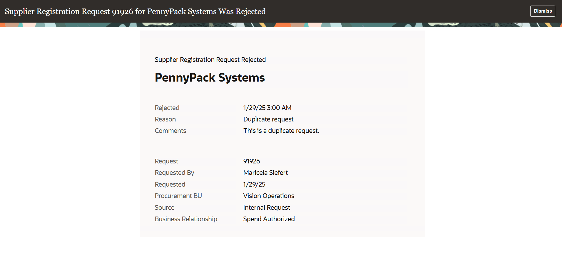 Internal Supplier Registration Rejected Notification