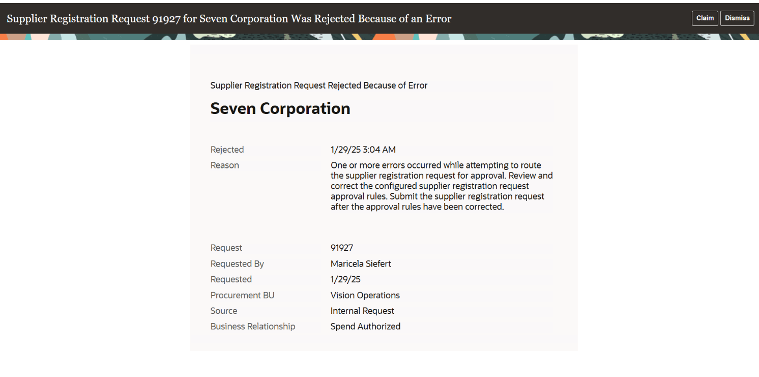 Internal Supplier Registration Rejected Because of Error Notification