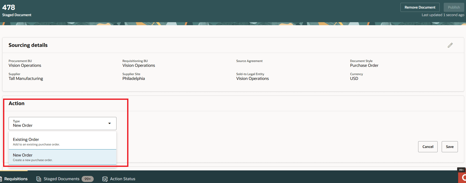 Action Details on the Staged Document