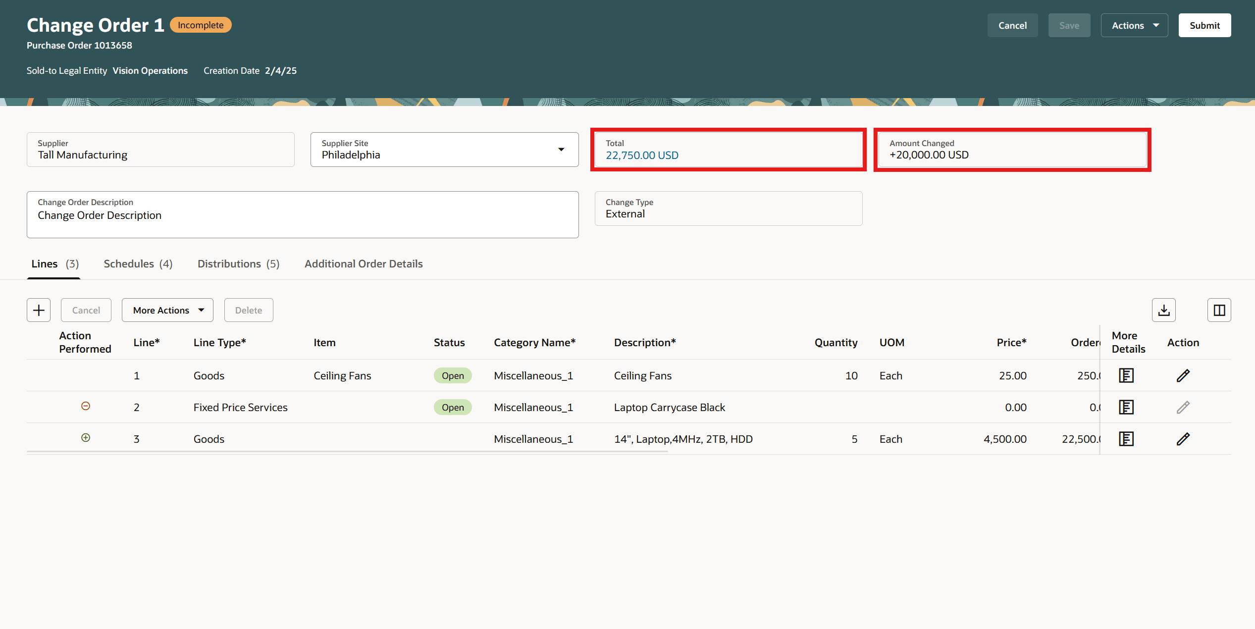 Total Amount and Amount Changed on the Change Order Header