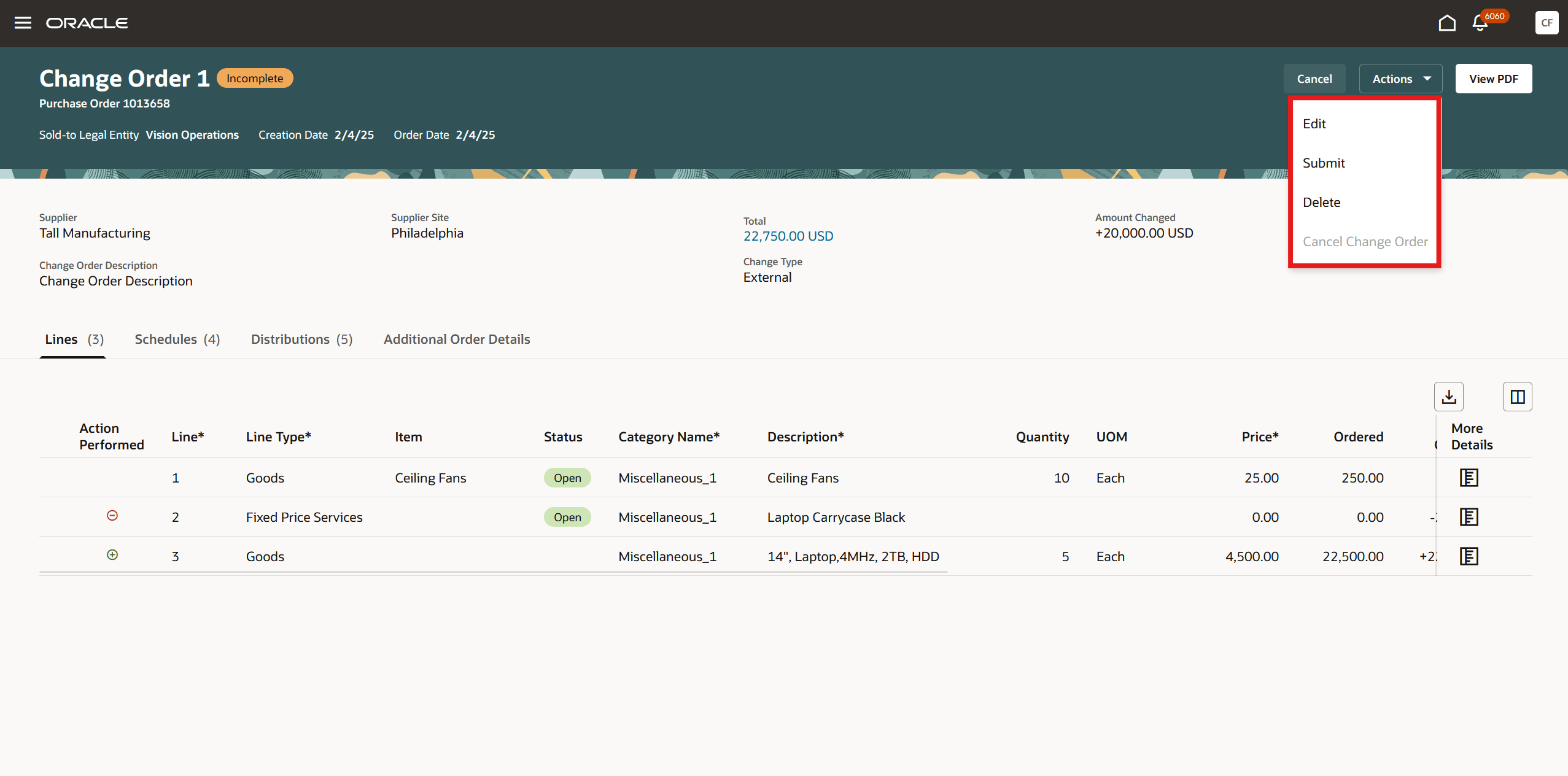 View Change Order Actions