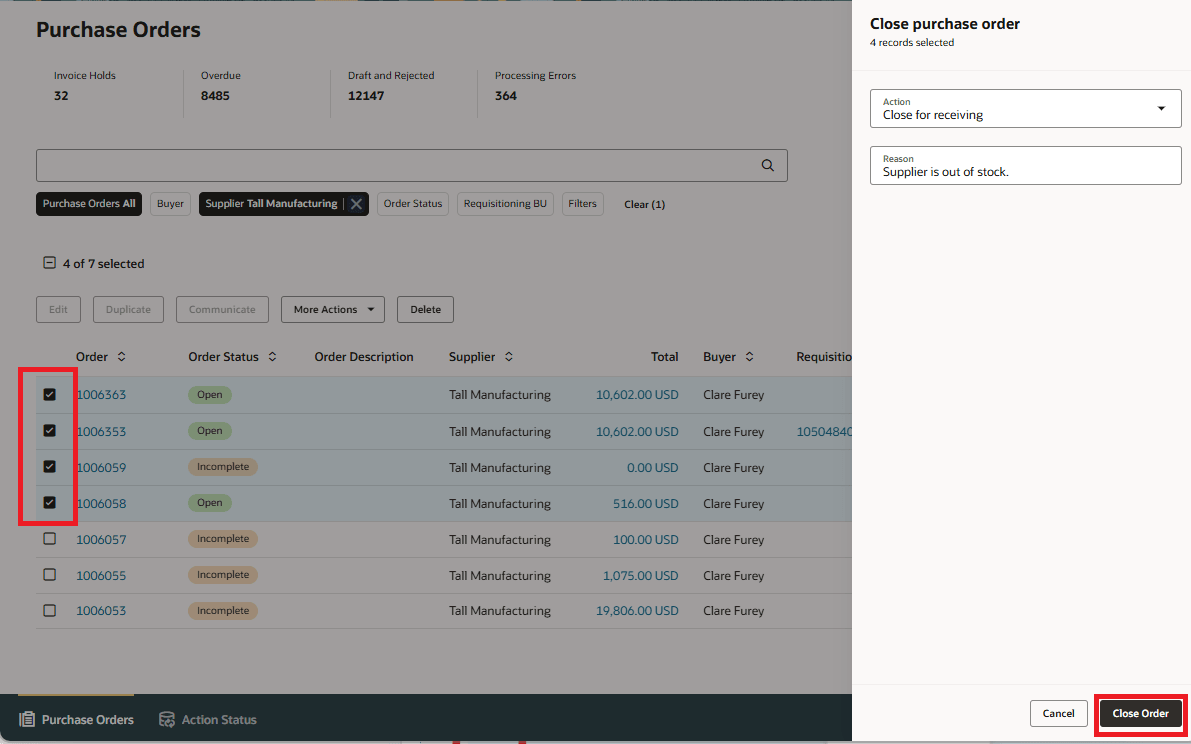 Select and act on multiple purchase orders