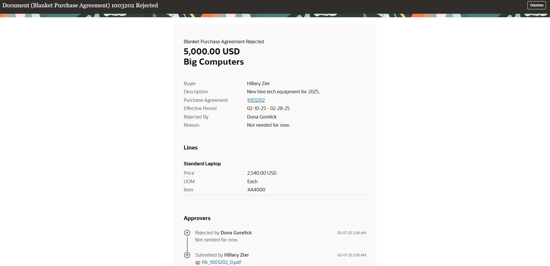Purchase Agreement Rejected FYI Notification