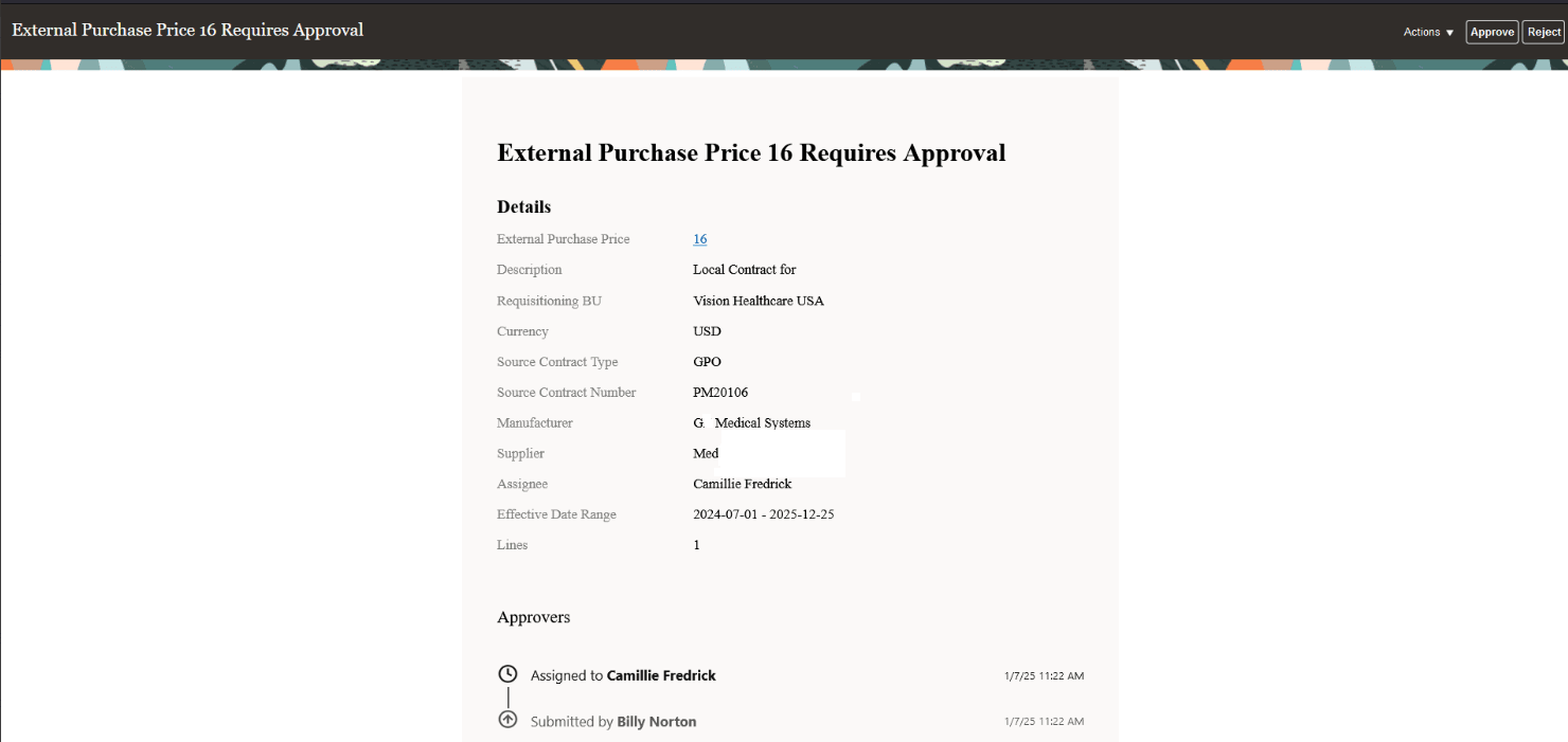 External purchase prices approval notification