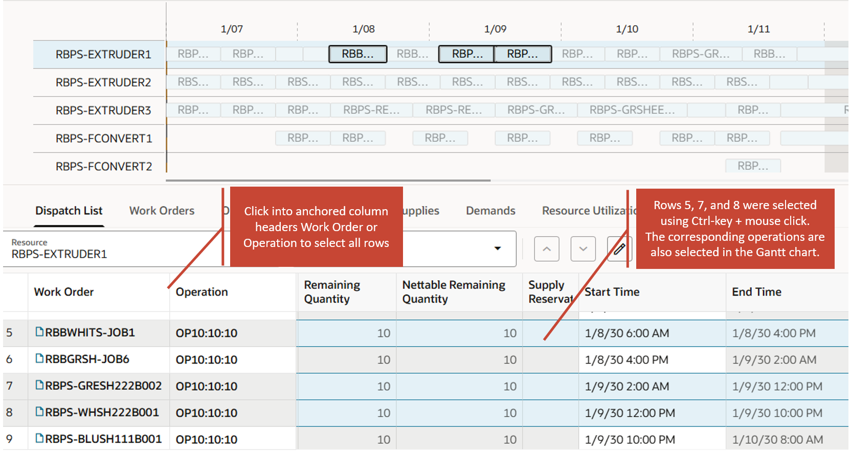 Selecting Rows in the Dispatch List or Work Orders Table.