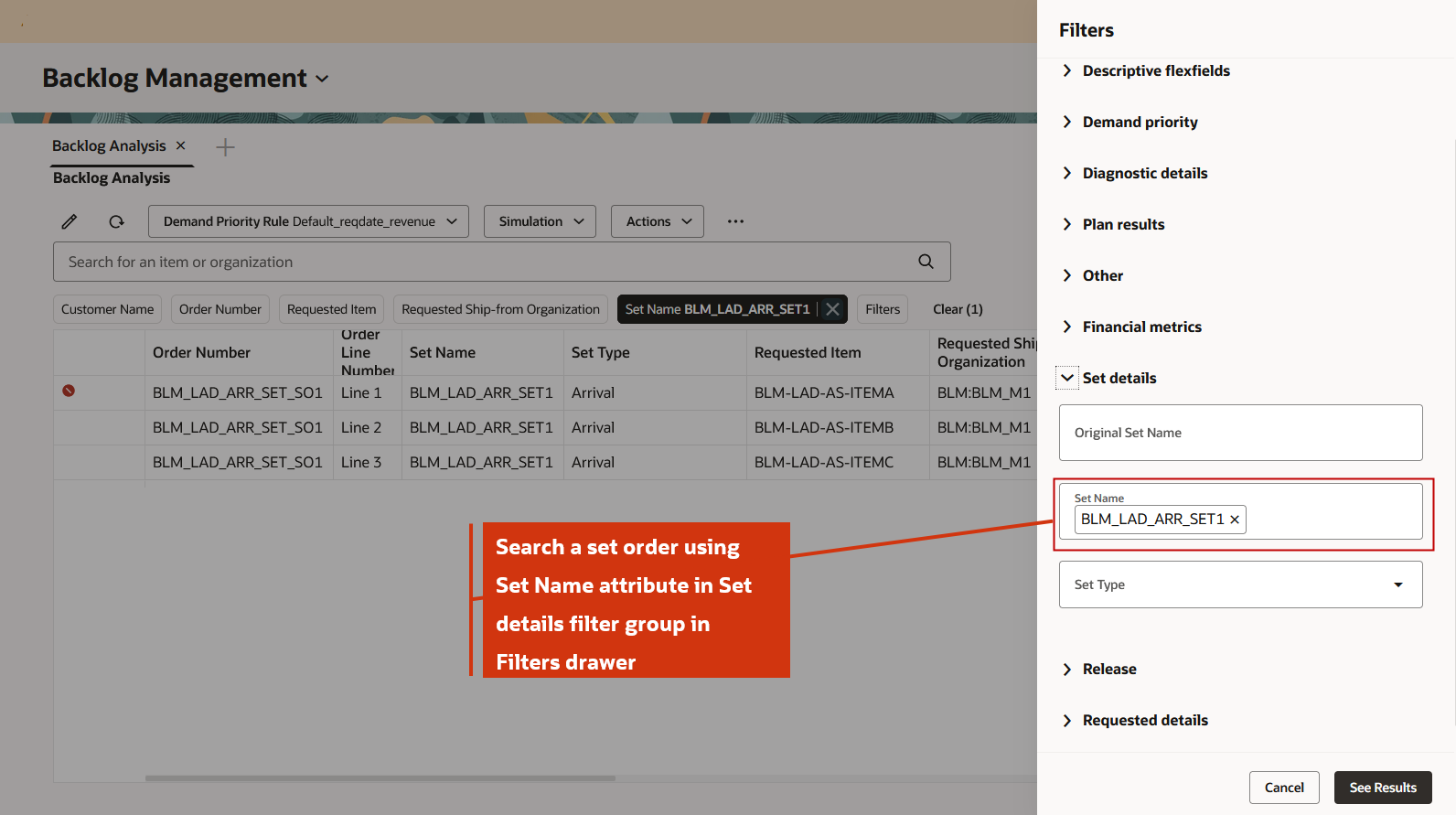 Search a Set Order Using Set Name