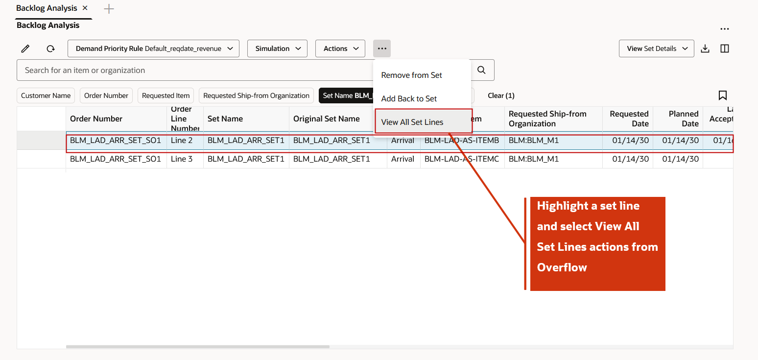 Select View All Set Lines Action