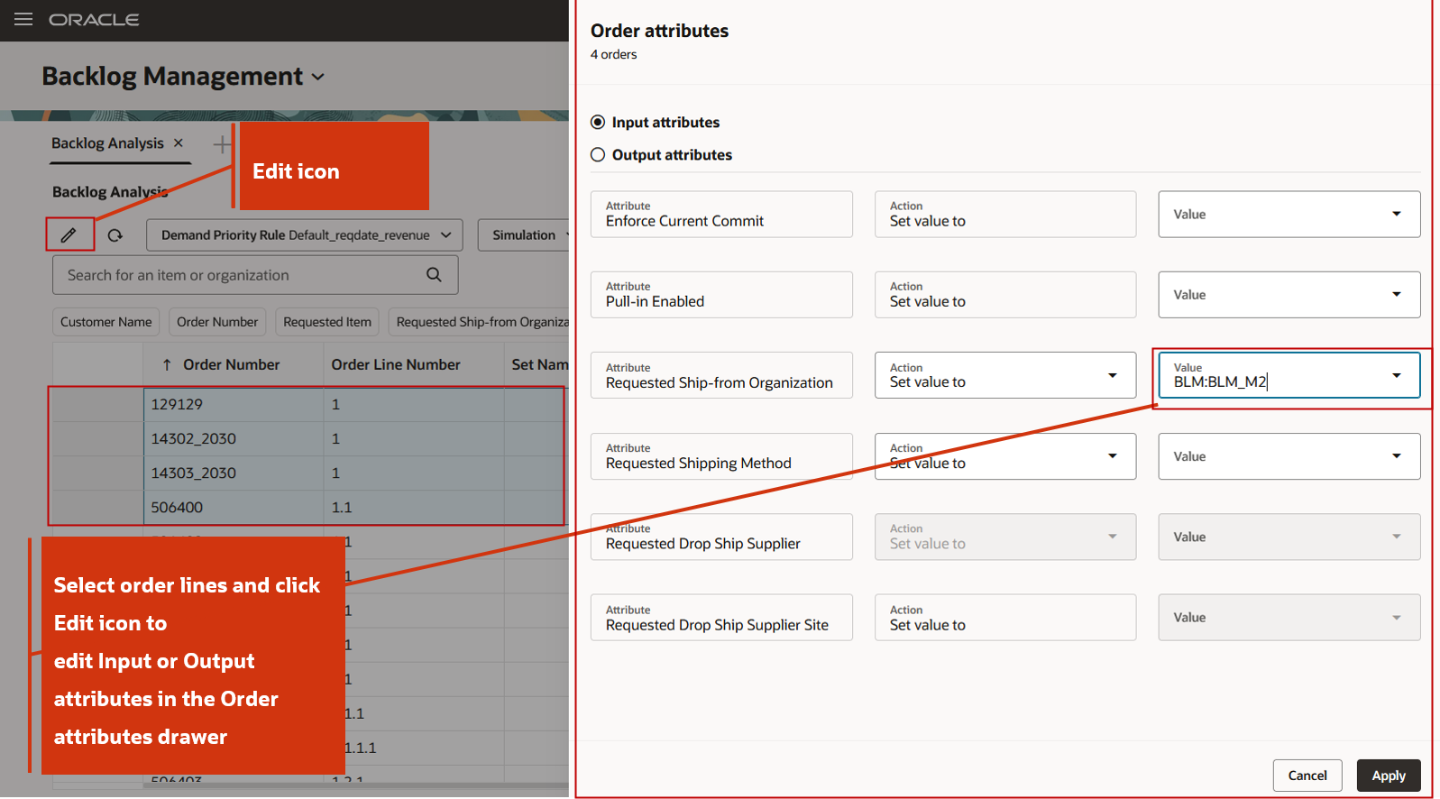 Edit Input Attribute Requested Ship-from Organization