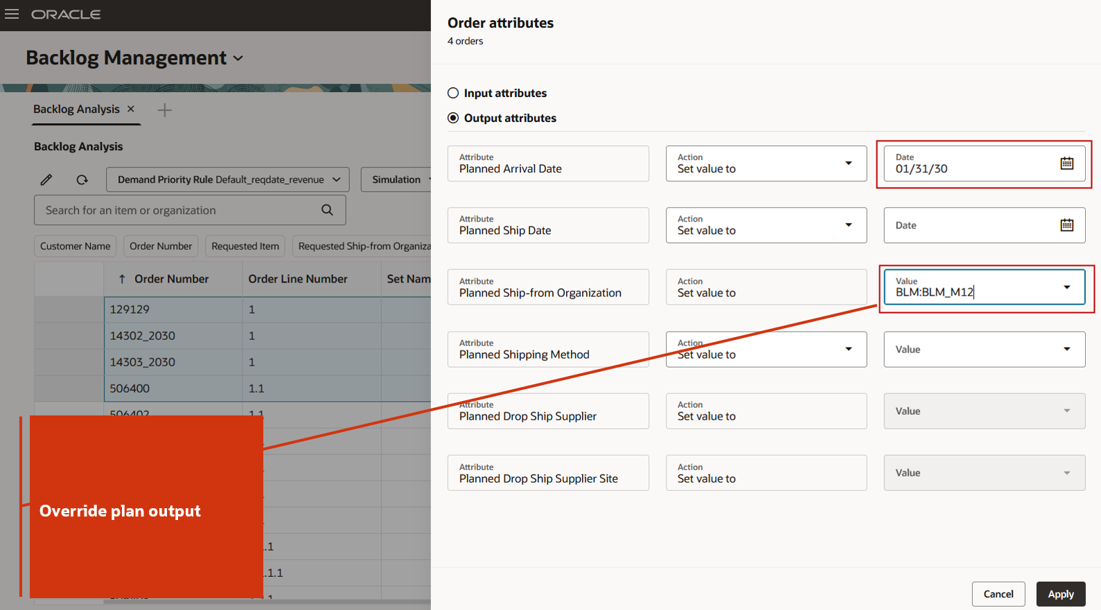 Override Output Attribute Planned Ship Date and Planned Ship-from Organization