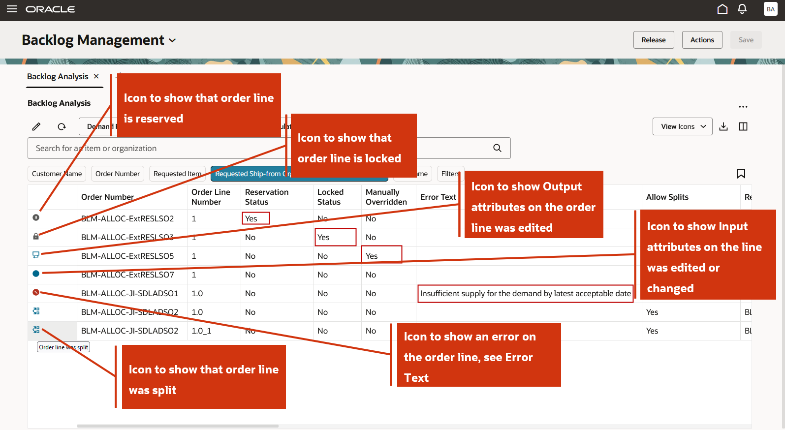 Icons Shown in First Column for Order Lines