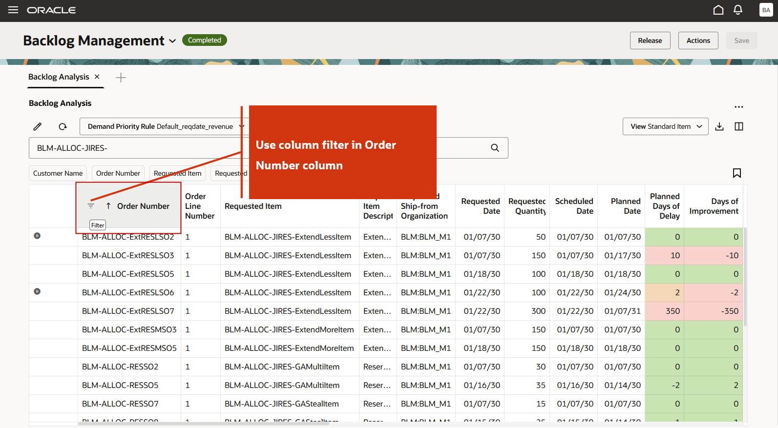 Highlight Order Number Column Header and Click Filter Icon