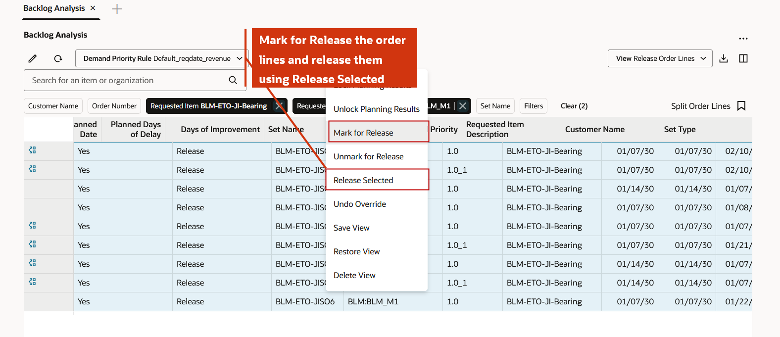Use Release Selected to Release Order Lines Marked for Release in Your Session